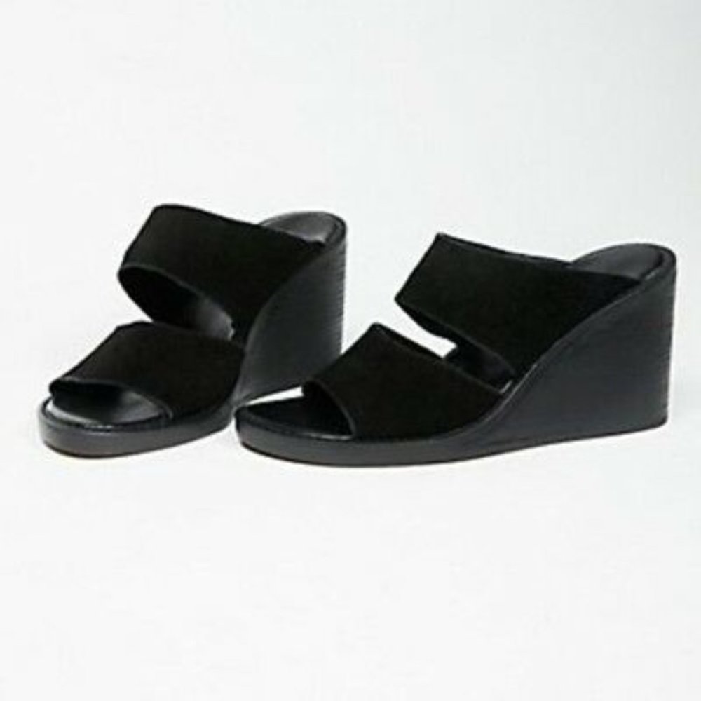 FARYL ROBIN FREE PEOPLE Black Suede Asymmetrical Dual Strap Chunky Wedge Sandals - Picture 2 of 7